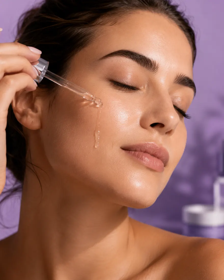 Mulher aplicando sérum facial com conta-gotas — categoria Skincare