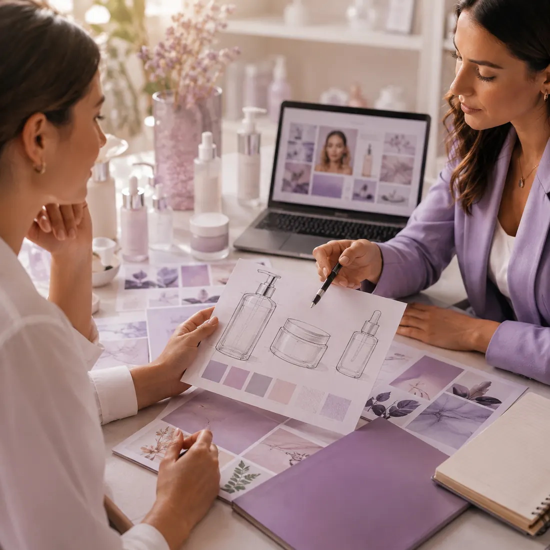 Reunião de briefing com moodboard, paleta de cores e esboços de embalagem