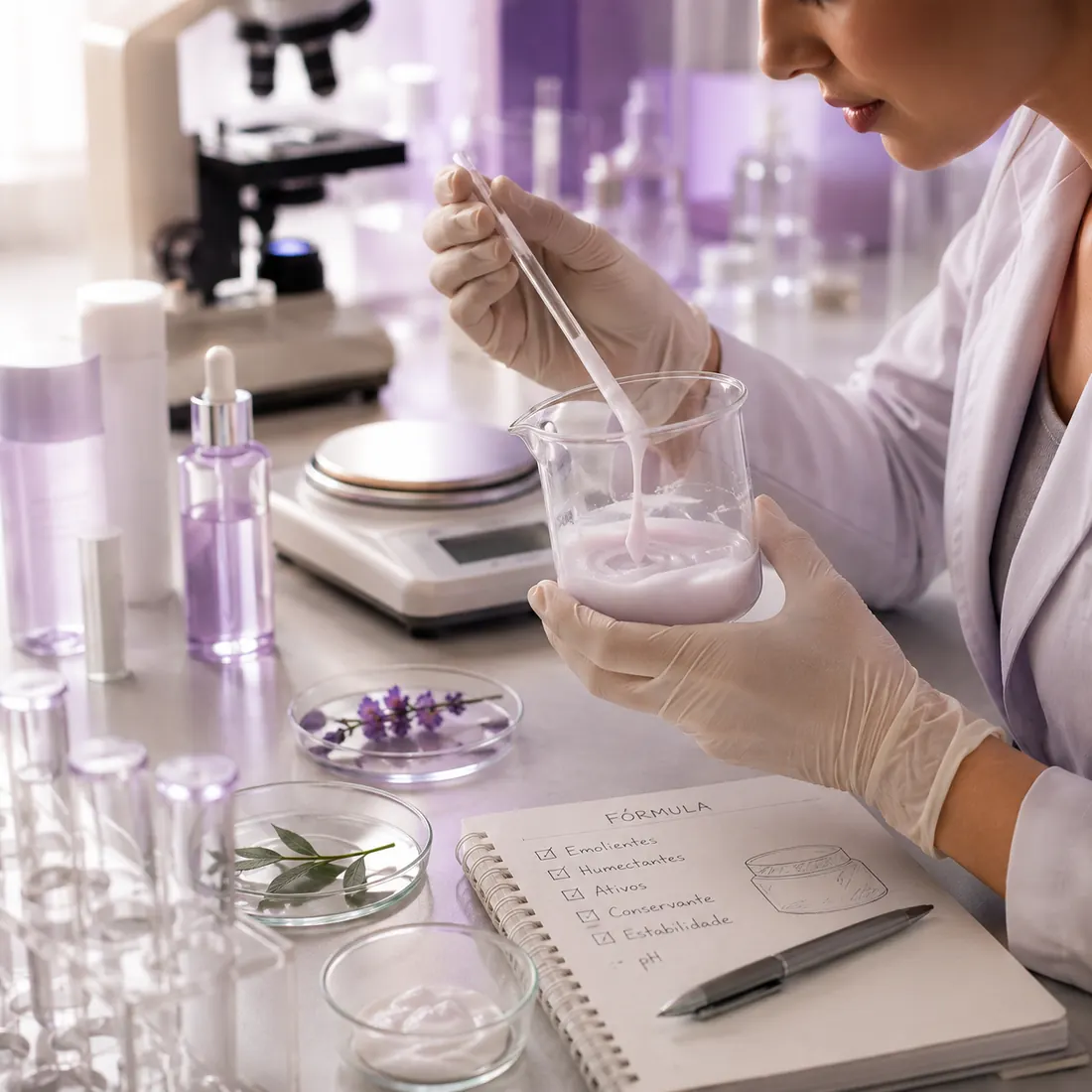 Técnica de laboratório manipulando a fórmula em um béquer, ao lado da ficha de formulação