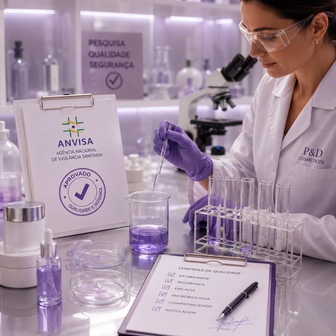Laboratório de pesquisa e desenvolvimento com o selo da Anvisa e a lista de controle de qualidade