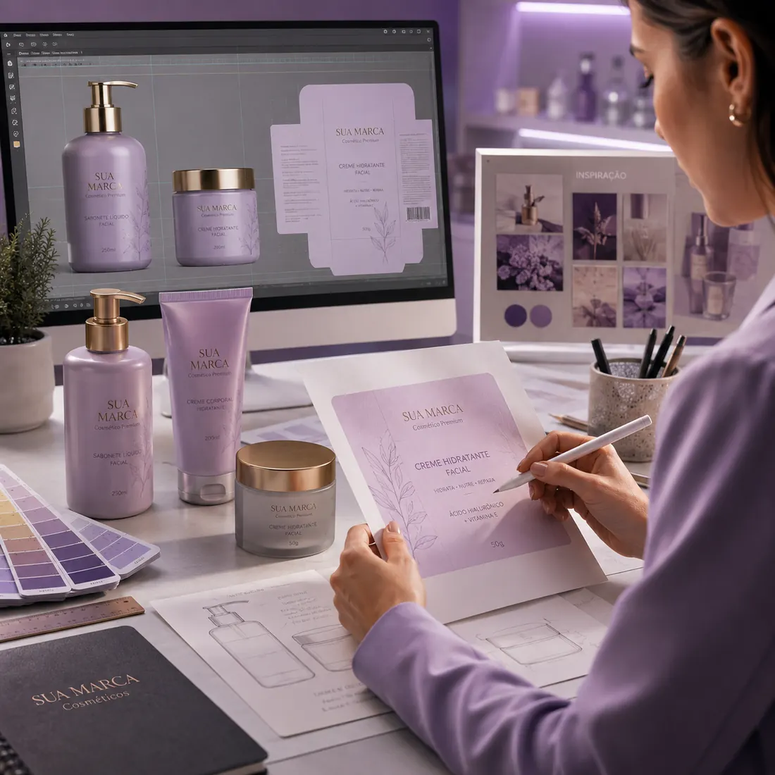 Designer criando o rótulo e a embalagem do produto, com paleta de cores e moodboard