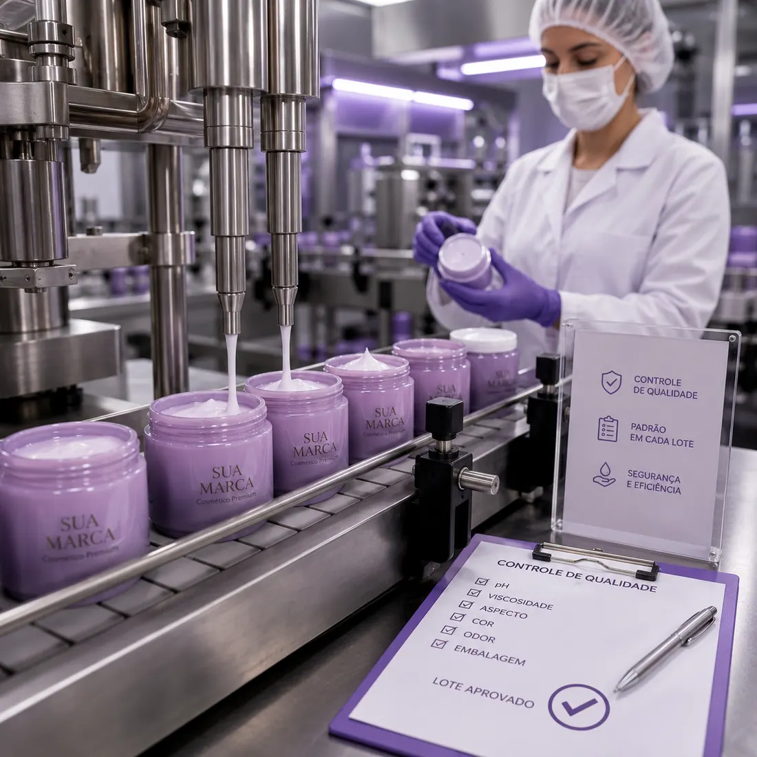 Linha de envase enchendo potes de creme, com a lista de controle de qualidade do lote