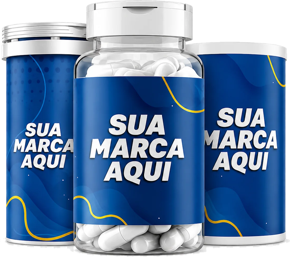 Três embalagens de suplementos com o rótulo “Sua marca aqui”