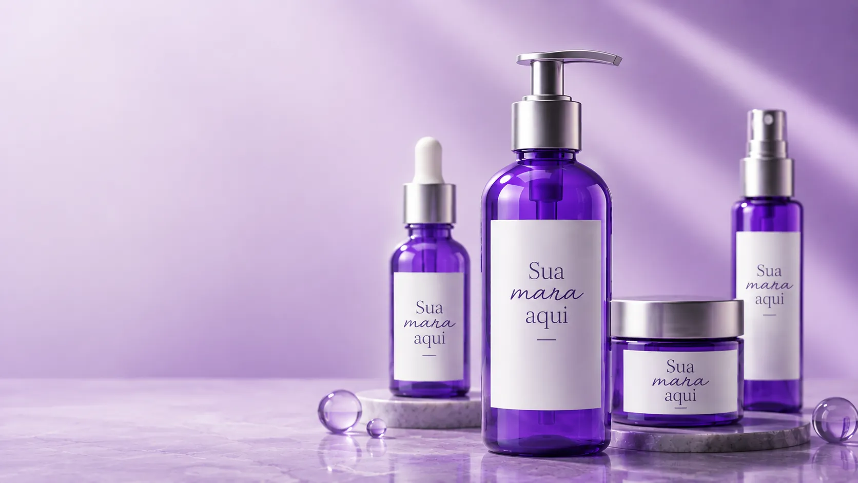 Linha de frascos de cosméticos com rótulo Sua marca aqui, produzidos pela JSA Cosméticos