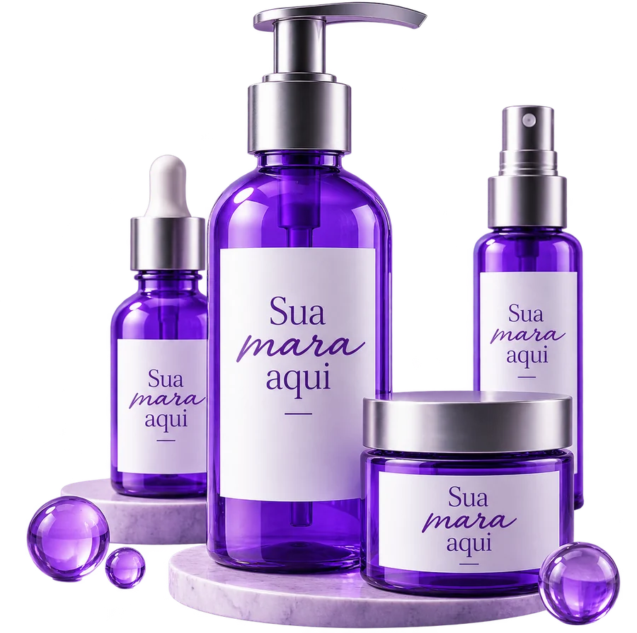 Linha de frascos de cosméticos com rótulo Sua marca aqui, produzidos pela JSA Cosméticos
